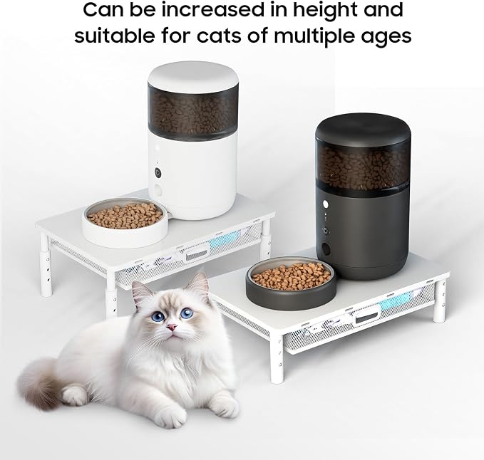 W‌SOWX Adjustable Automatic Cat Feeder Stand, Elevated Cat Food Stand,White | With Drawer and Cat Food Mat,Raises Feeder/Bowls by 4.1"/4.9"/5.7",Relieves Spine and Joints Noticeably on Pets-Sturdy Metal
