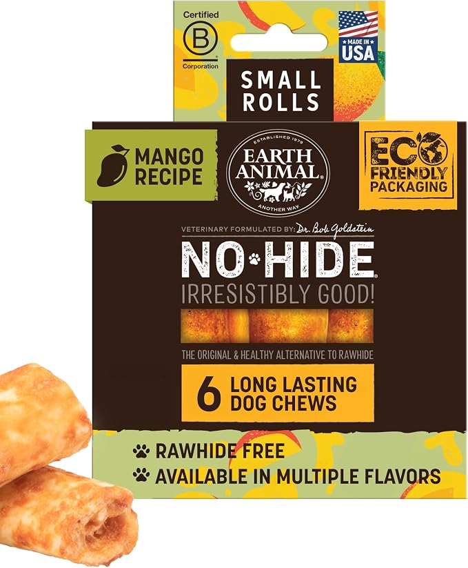 Earth Animal No Hide Dog Chews - Rawhide Free Small Rolls 6 Count Mango | Small Rolls Mango Flavored Natural Rawhide Free Long Lasting Dog Chews - Pet Treats for Small Dogs