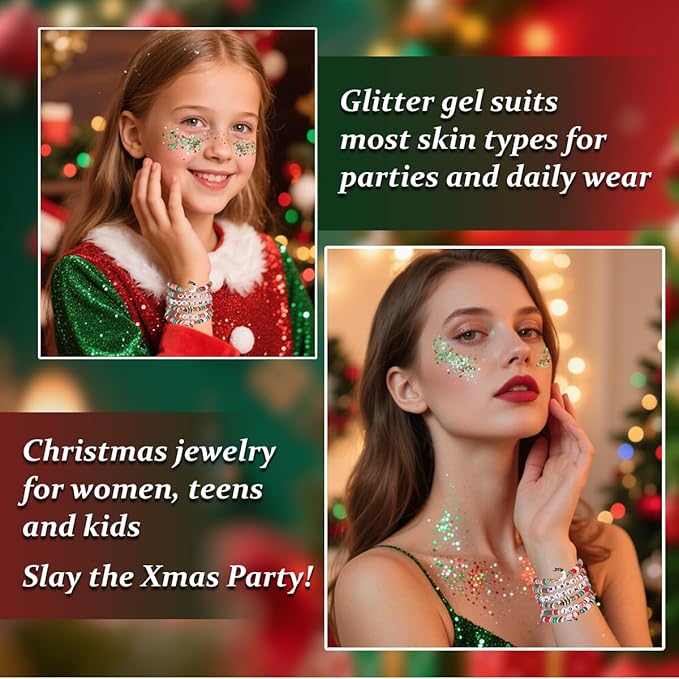 Mysense Red Silver Green Body Glitter Stick and 6 Pack Joy & Merry Christmas Bracelets Set,Christmas Gifts for Grandkids Teens Women,Festive Stocking Stuffers,Party Favors and Decorations