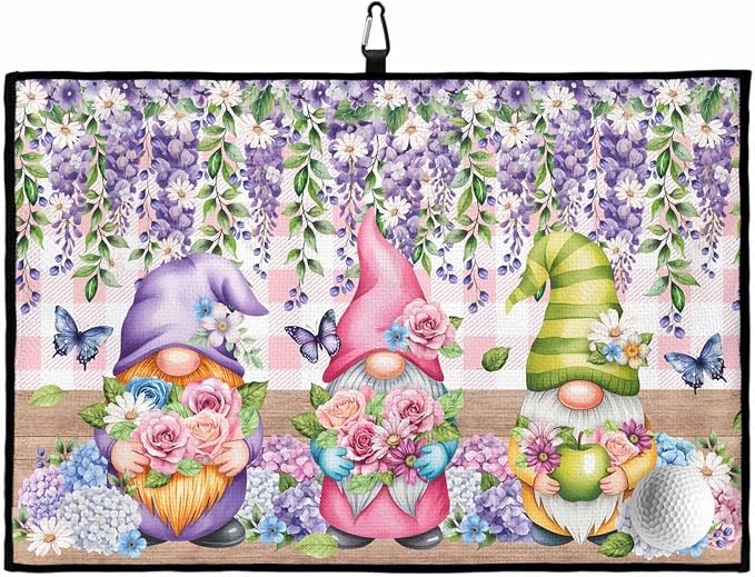 Blue Purple Gnomes Golf Towel with Clip, Spring Hydrangea Flower Leaf Pink Plaid Large Microfiber Women Men Sports Work Out Disc Golf Bag Towel for Yoga, Gym, Fitness, Swimming Towels Accessory