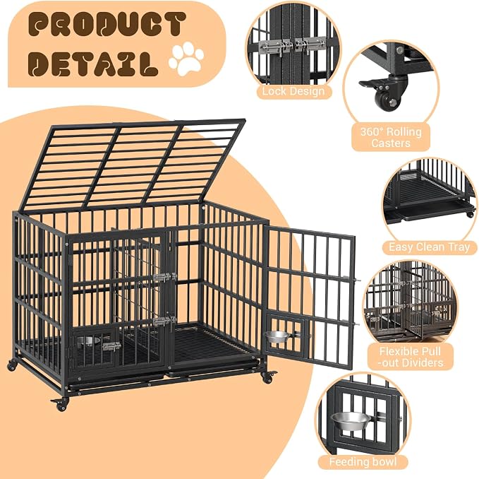 42 Inches Heavy Duty Dog Crate, Large Metal Dog Kennel with Flexible Divider, 2 Door, Feeding Bowls, Dog Cage House with Removable Tray and Wheels for Small Medium Large Pets