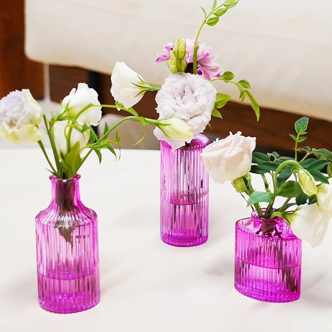 12PCS Hot Pink Vase Small Colored Flower Bud Vases | Glass Bud Vase in Bulk Pink Vases for Centerpieces Vintage Colored Glass Bottles for Home Office Decor