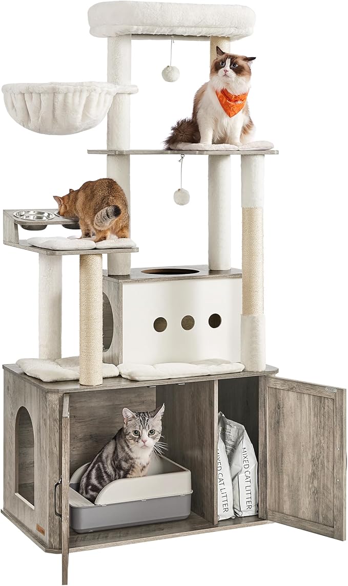 Feandrea Cat Tree, 66.9-Inch Cat Tower with Litter Box Enclosure, Large Condo with Food Station, Storage, Scratching Posts, Cave, Hammock, Washable Cushions, Heather Greige UPCT169K02 | Large Condo with Food Station, Storage, Scratching Posts, Cave, Ha...