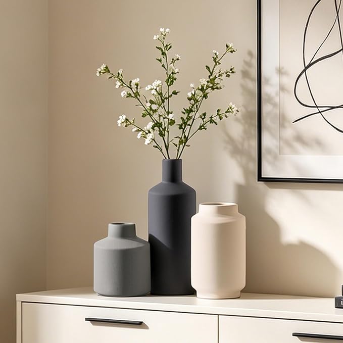 Ceramic Vase Set of 3, Modern Decorative Vases for Home Decor, Small Flower Pottery Vase Sets, Boho Farmhouse Rustic Vases for Living Room, Kitchen, Bedroom, Bathroom, Shelf, Table