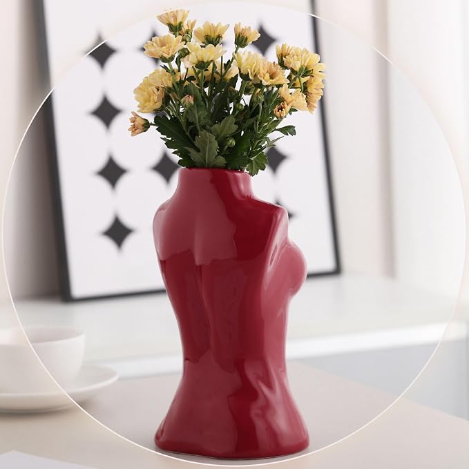 hjn Small Ceramic Vase for Flowers Modern Art Vase for Living Room/Home Decor Accents/Bookshelf/Mantel-Red