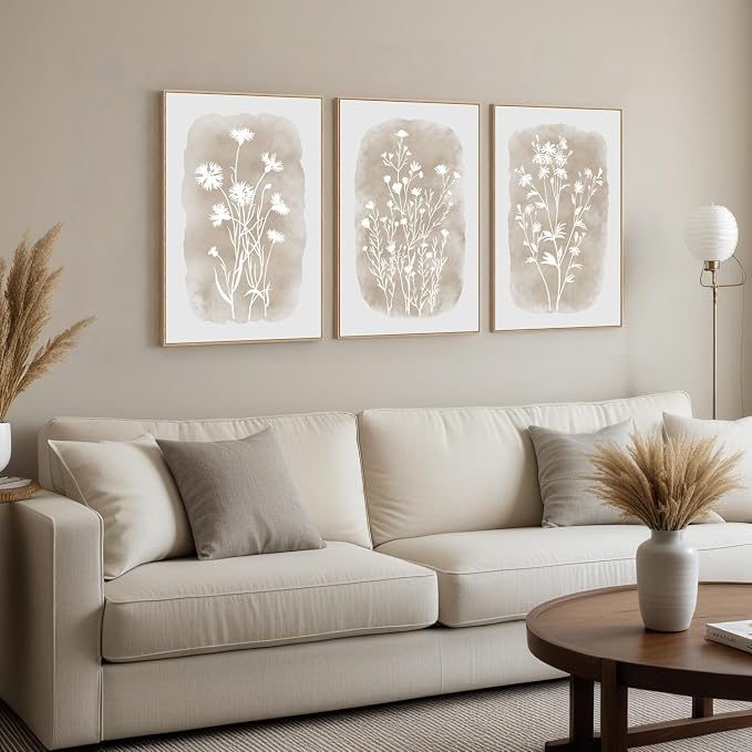SAFERRYHOME Neutral Wildflower Beige Botanical Wall Art, 3 Panels,16x24 Inch