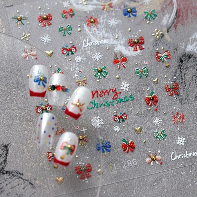 Christmas Nail Stickers for Nail Art, 5D Embossed Self-Adhesive Bow Snowflake Nail Decals, Nail Supplies Nail Art Design Accessories for Women and Girls Manicure DIY Decoration