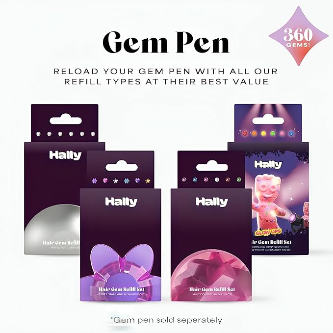 Hally Hair 360 Refill for Hair Gems - Multicolored Adhesive Jewels Only (No Stamper) – Hearts, Stars, Flowers, Pearls – Blacklight Glow – Hair Accessories for Girls & Teens