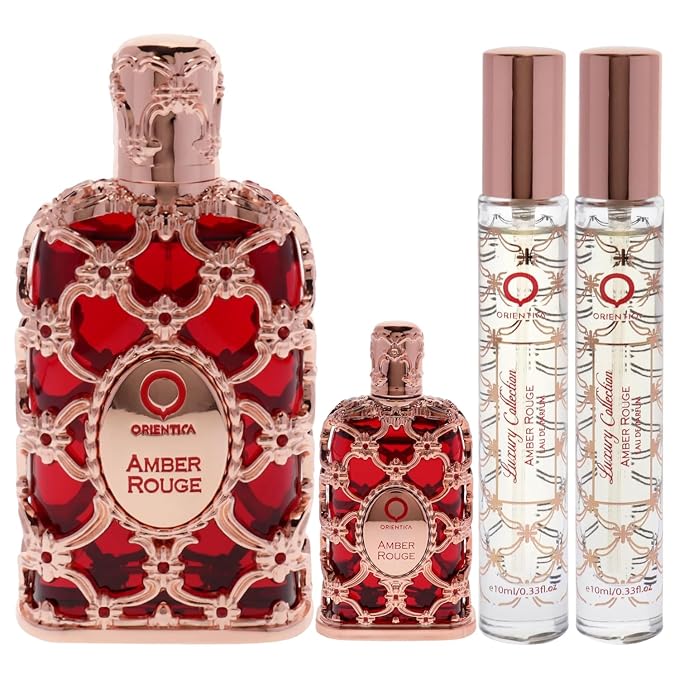 Orientica Luxury Collection Amber Rouge 4-Pc Gift Set Eau De Parfum - Woody, Amber, Saffron, Praline, Jasmine, Orange, Oak Moss, Seaweed - Arabic Perfume for Women - (2.7oz, 7.5ml & 2 X 10ml spray)