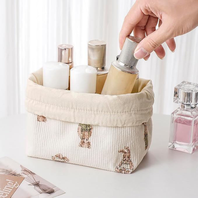 RSRSLEII Aesthetic Corduroy Drawstring Makeup Bag, Cute Coquette Drawstring Cosmetic Bag with Canvas Lining, Bear Pattern Travel Makeup Organizer Case for Women Girls (04 Light Taupe)
