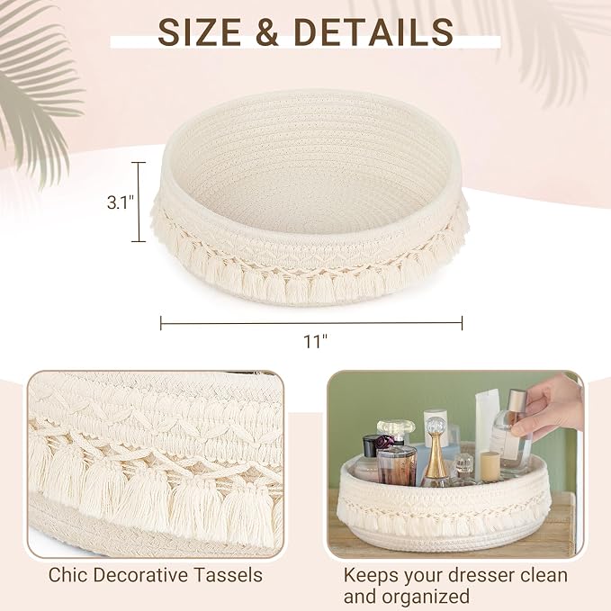 Mkono Makeup Perfume Organizer, Boho Decor Macrame Storage Basket, Ivory | Dorm Bedroom Decor, Hand-Woven Small Basket, Decorative Skincare Cosmetics Holder, Vanity Dresser Bathroom Office