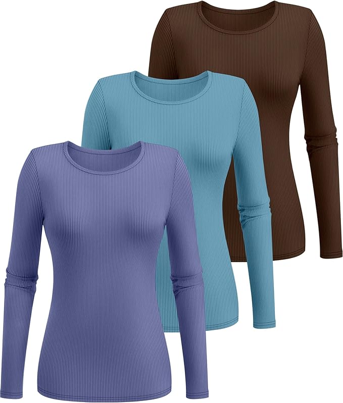 Ficerd 3 Pack Women's Ribbed Long Sleeve Tops, Crew Neck Slim Fit Undershirts Knit Basic Casual Stretch Layering Tee Shirts