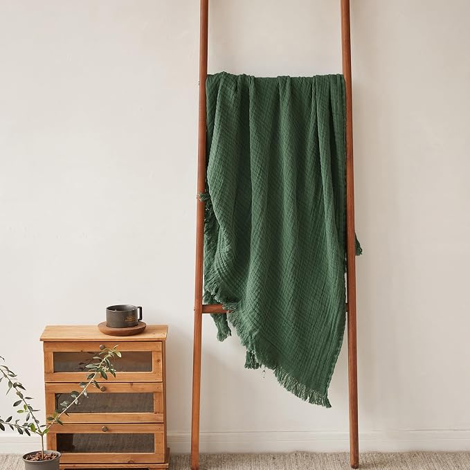 Simple&Opulence Cotton Muslin Throw Blanket for Bed, Couch, Knit Woven Gauze Blanket with Tassels, Soft Lightweight Cozy Pre-Washed Breathable Farmhouse Decoration for All-Season (Olive Green)