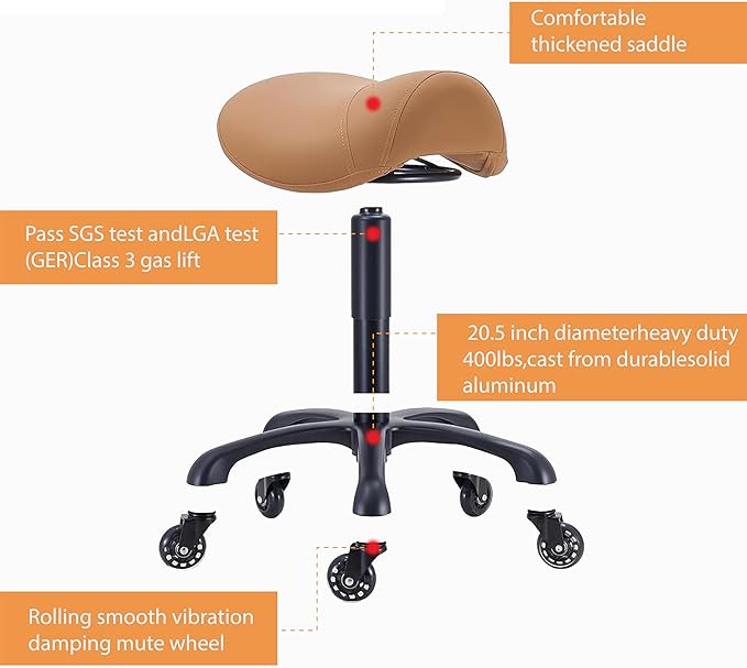 Saddle Salon Stool with Wheels,Heavy Duty Adjustable Rolling Stool for Barber, Tattoo, Nail,Spa,Dentist(Brown)
