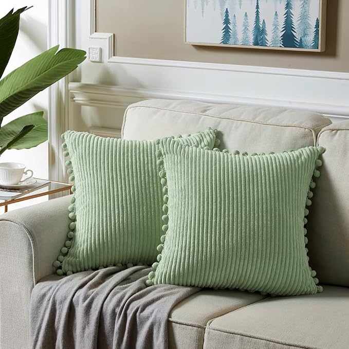 Fancy Homi Pack of 2 Sage Green Decorative Throw Pillow Covers with Pom-poms, Soft Corduroy Solid Square Cushion Cases Set for Couch Sofa Bedroom Car Living Room (20x20 Inch/50x50 cm, Sage Green)
