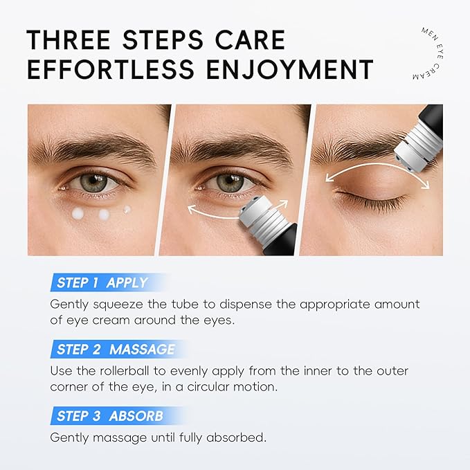 AKARY Caffeine Eye Roller for Bags for Men, Men’s Triple-roller Massage Under Eye Cream for Puffy Eyes and Dark Circles, Hydrating, Softening, Improving, Firming for Fine Lines, Puffiness Reducer