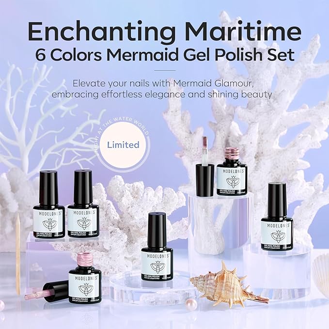 modelones Pearl Gel Nail Polish Set, 6 Colors 2026 Spring Aurora Iridescent Shimmer White Pink Purple Mermaid Nail Drawing Glitter Gel Polish LED Swirl Shell Thread Effect with Dotting Pen DIY Gift