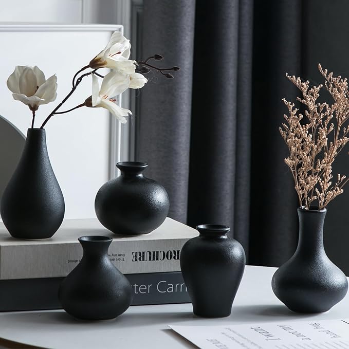 Tanvecle Small Black Vases, Ceramic Bud Vase Set 5, Modern Home Decor | Mini pottery vases for pampas grass, flowers, minimalist home decor, wedding centerpiece for dining table living room shelf