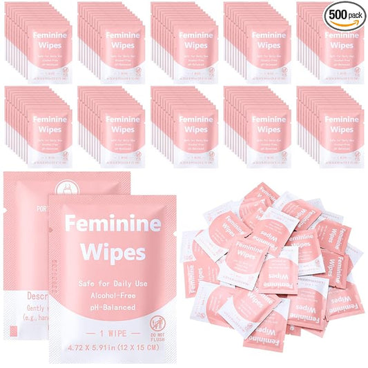 Leelosp 500 Pieces Feminine Wipes Individually Wrapped Women Travel Size Bulk Unscented Intimate Wipes Mild Private Parts Ph Balanced for Travel Bathroom Toilet Daily