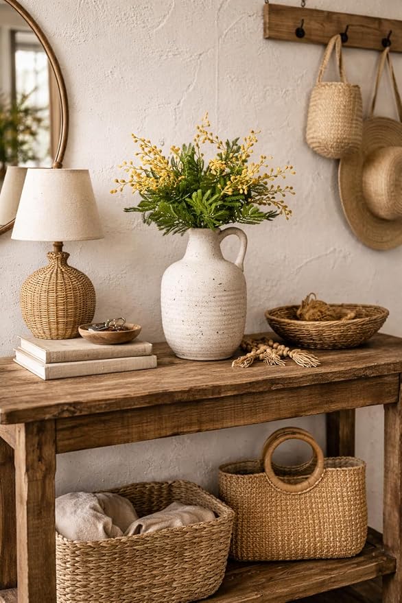 SIDUCAL Rustic Ceramic Farmhouse Flower Vase with 1 Handle-Height 8.43" Terracotta Vase, Unique Textured Pottery Flower Vases for Home Decor, Table, Wedding, Living Room, Shelf Decor, Speckled White