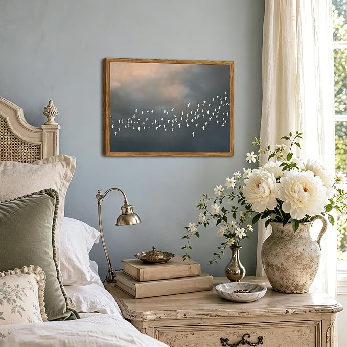 Framed Vintage Flying Bird Canvas Wall Art, Minimalist Abstract Flock of White Birds Pictures Wall Decor, Rustic Nature Wildlife Paintings Prints for Living Room Bedroom Bathroom 12x16 inch