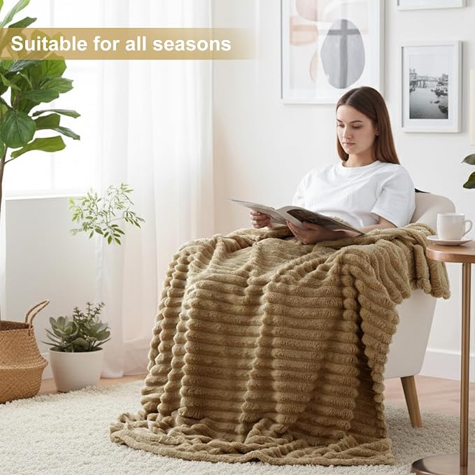 decorUhome Brown Fleece Throw Blanket 50x60 Inches | Soft Couch Cozy Fluffy Plush Flannel Striped Blanket for Sofa Bed, Lightweight Decorative Ribbed Fuzzy Blanket for Woman