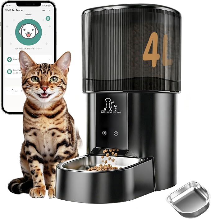 2.4G WiFi Automatic Cat Feeder, 4L/17 Cups Smart Food Dispenser | App Control, Timed 1-6 Meals & 1-12 Daily Portions, Stainless Steel Bowl, Clog-Free Design, Dual Power & Lock-Fresh Tech