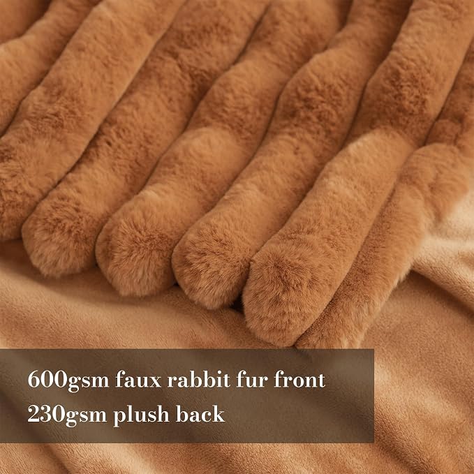 Faux Fur Throw Blanket for Couch, Cozy Fuzzy Fluffy Fur Luxurious Soft Striped Plush Gift Blankets for Family Sofa Chair Bedroom, 55"x70", Orange Brown