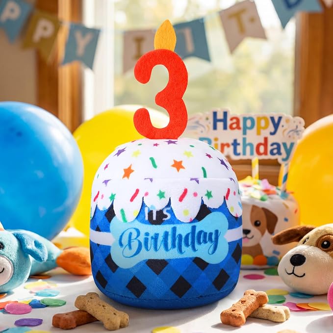 Dansydaisy Dog Birthday Cake Toy Squeaky Plush Gift,3rd,Blue Grid