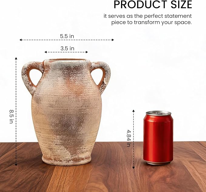 Ceramic Flower Vase, 8.3" Rustic Farmhouse Table Vase, Low Profile Decorative Pottery Vase for Fresh Flowers, Faux Stems, Coffee Table, Kitchen, Bathroom and Shelf Decor