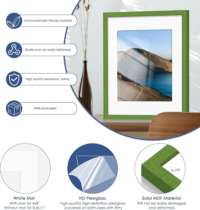 11x14 Picture Frame Set of 6, Wall or Tabletop Display, Green | Display Pictures 8x10 with Mat or 11x14 Without Mat, Horizontal or Vertical, Gallery Wall Frame Set, Wedding Birthday Gifts