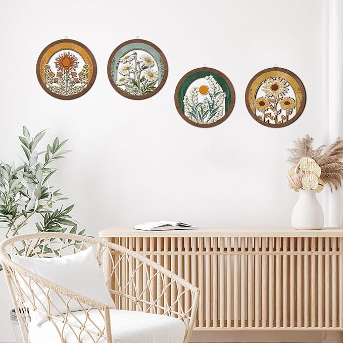 HPNIUB Vintage Flower Wall Decor, Farmhouse Sunflower Daisy Geometric Hanging Wooden Wall Art, 4 Pieces 10''x10'' Minimalist Boho Sun&Floral Wood Sign for Girls Bedroom Living Room Office