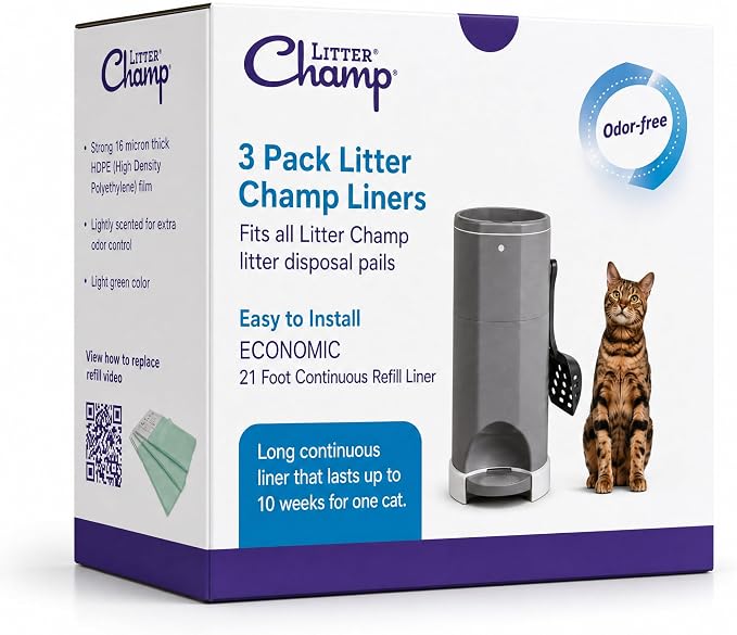 Litter Champ Refill Bags 3 Pack, Continuous Cat Litter Disposal System | Continuous-Bag Cat Litter Refill Bags, Fits the Litter Champ Pail, 7-Layer Odor-Sealing Film, Green (1 Box)