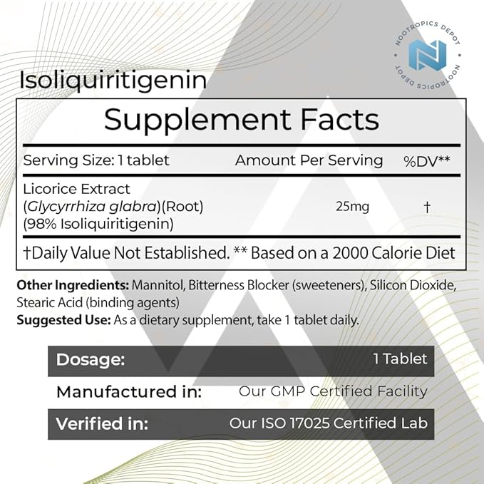 Nootropics Depot Isoliquiritigenin Controlled Dissolve Tablets | 180 Count | 25mg | Licorice Extract | Glycyrrhiza glabra