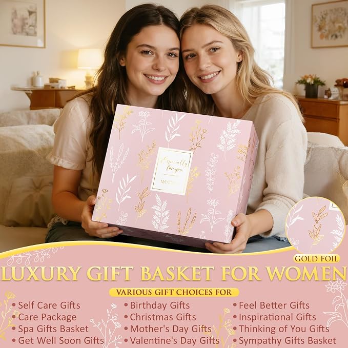 Birthday Gifts for Women, Spa Self Care Package Get Well Soon Gift Baskets | Sympathy Gift Set w/ Crochet Flower Bouquet, Christmas Thinking of You Gifts Basket for Women Mom Her Best Friend Sister Wife