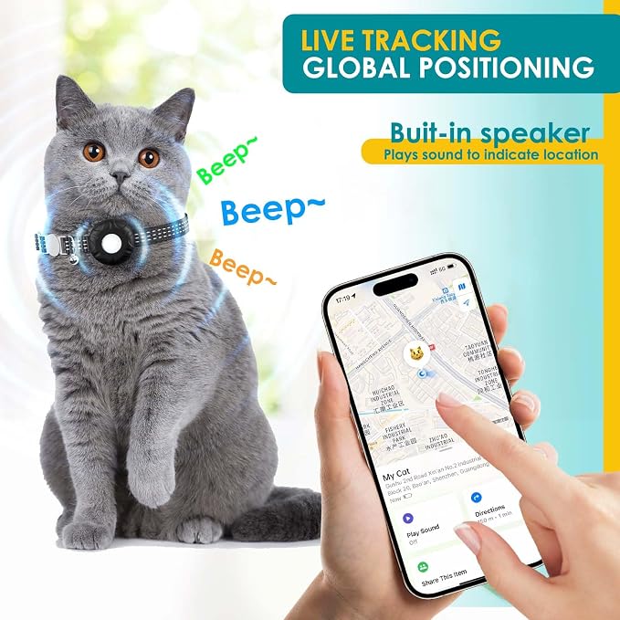 Cat Tracker, Lightweight Pet Tracker for Cats, Compatible with Apple Find My App(Only iOS), Real-Time Tracking, Precise Positioning, No Monthly Fee, Smart Alerts, Waterproof Cat GPS Tracker