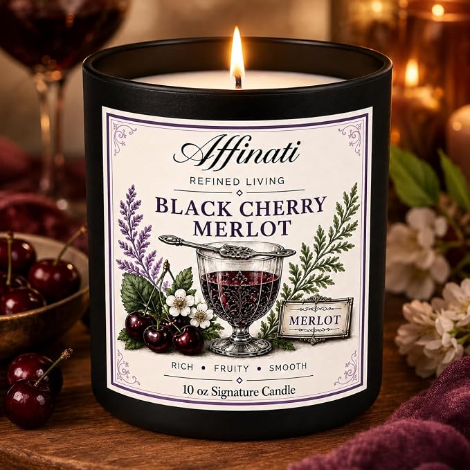 Affinati Black Cherry Merlot 10 oz Scented Candle – Long Lasting Luxury Soy Blend Candle for Home, Strong Scent Throw Deep Rich Fruit Wine Candle, Premium Clean Burning Elegant Gift for Women