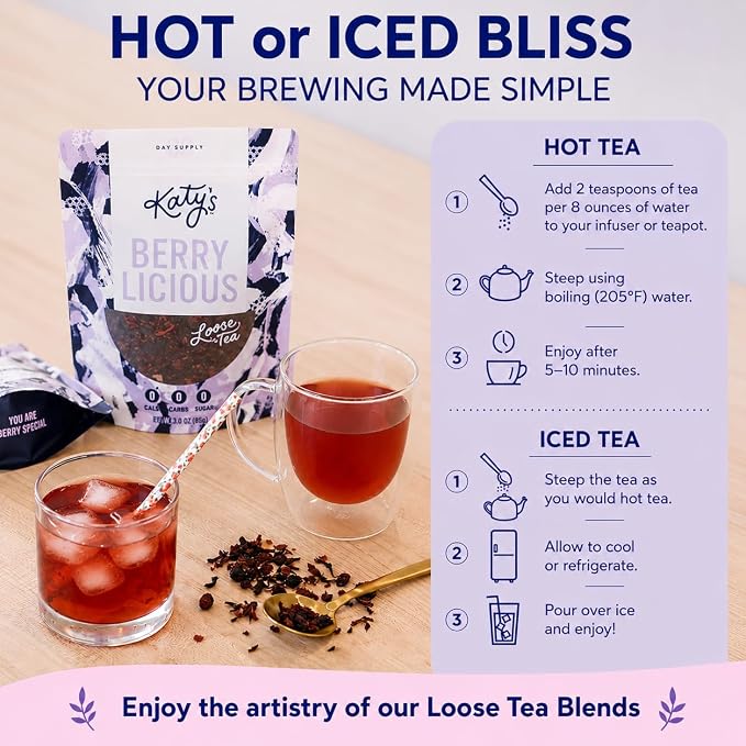 Katy’s Berry Loose Leaf Tea - Hibiscus, Blueberry & Cranberry - Fruity Herbal Tea, Caffeine-Free, Sugar-Free - Hot or Iced Tea - 30+ Cups