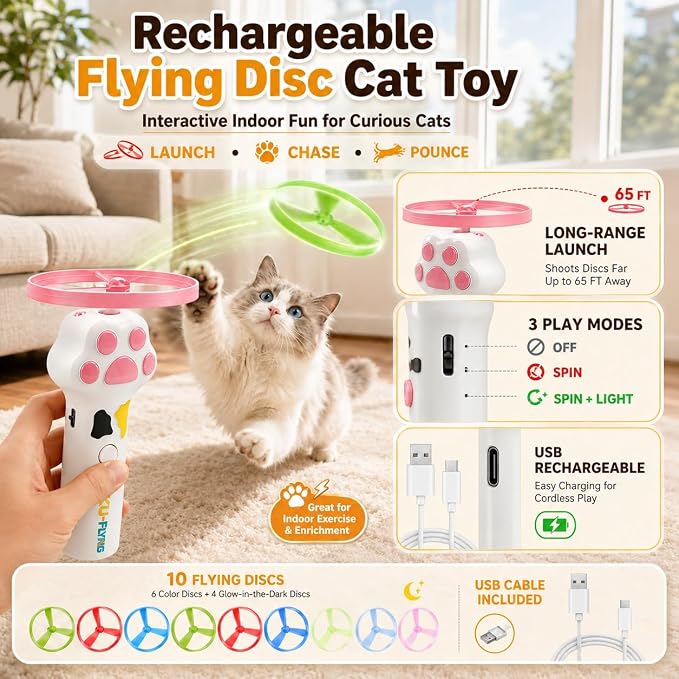 Cat Toy Launcher for Kitten Toys, Cat Toys Interactive, Automatic Cat Toy | Interactive Cat Toys for Indoor Cats, Cat Fetch Toy Launcher with 10 Discs, Cat Toys for Bored Indoor Adult Cats,Best Cat Toy