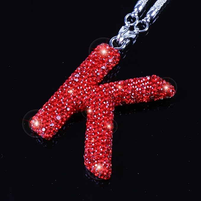 Red Rear View Mirror Hanging Accessories, Crystal Diamond Rhinestone Car Ornament Letter K, Cute Lucky Rhinestone Car Accessories for Women (Red,K)