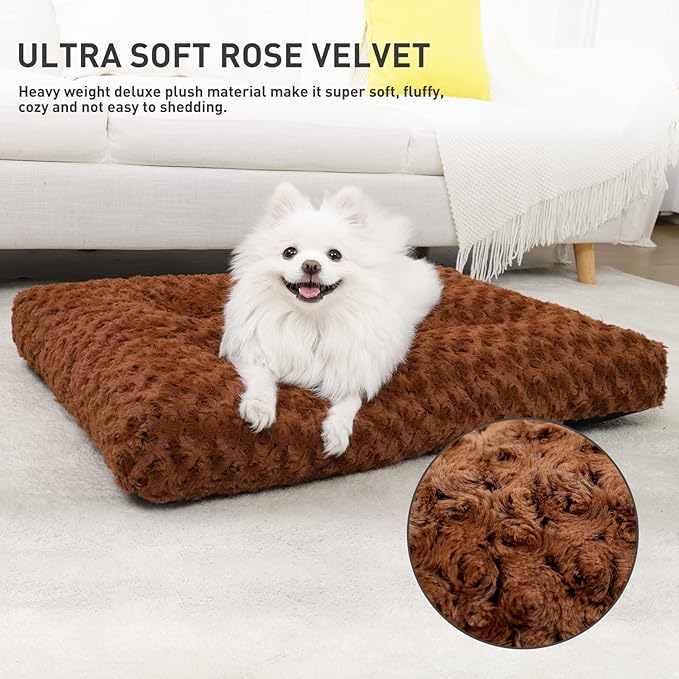 KSIIA Washable Dog Bed Medium Size Dog Crate Bed Pet Mat 29"x21" Brown | Deluxe Plush Comfy Kennel Pad, Anti-Slip Bottom,Deep Sleeping Mat for Medium Dogs,Machine Washable for Easy Cleaning
