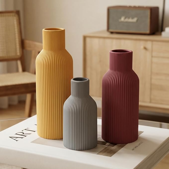 Colorful Ceramic Vases Set of 3, Matte Vertical Ribbed, Minimalist for Pampas Grass &Fresh Flowers, Centerpiece for Living Room,Shelf,Wedding (Mustard Yellow, Dusty Gray, Burgundy)