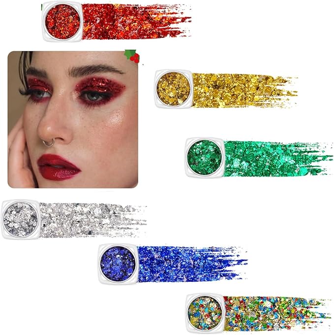 Christmas Body Glitter Colorful Face Glitter Gold Hair Glitter Gel Green Face Paint Rave Red Makeup Glitter Festival Face Gems 6 Shapes Chunky Glitter Gel for Women Girls