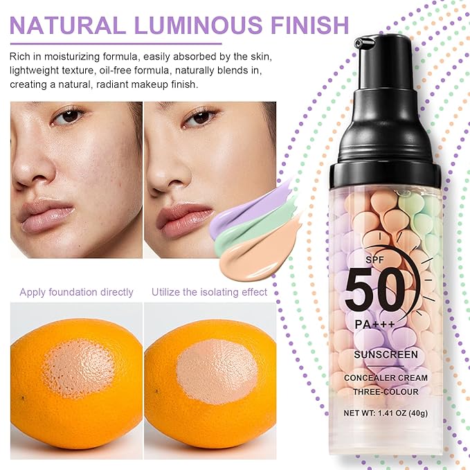 3-in-1 Primer with SPF 50, One Step Color Corrector & Tinted Moisturizer Sunscreen Makeup Base Isolation Cream that Blurs Imperfections, Controls Oil & Moisturizes For All Skin Tones