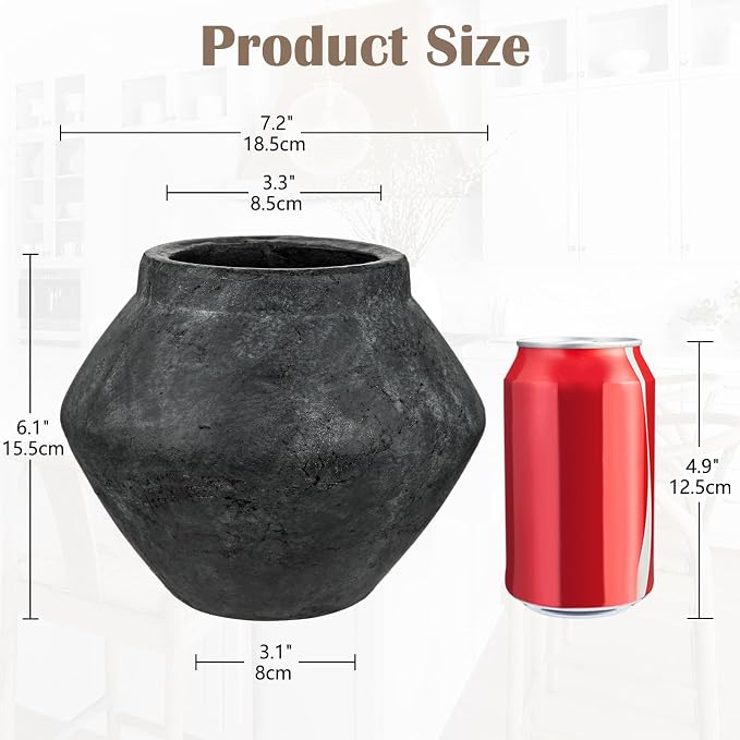Briful Rustic Ceramic Vase 6'' Decorative Charcoal Farmhouse Table Vase | Weathered Dark Clay Vintage Urn Pottery for Shelf Decor, Entryway Console, Coffee Table Centerpiece, Faux Floral, Modern Room