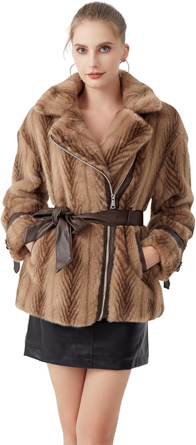 GRAN ORIENTE Womens Belted Winter Faux Fur Coats, Cropped Fuzzy Cuff Furry Zipper Up Warm Jackets Outwear