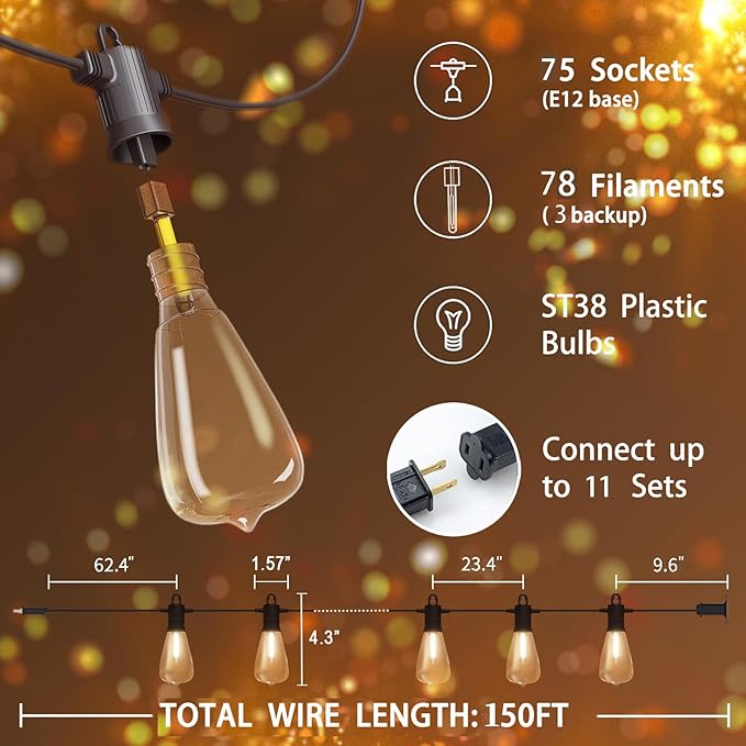 beatineon Outdoor String Lights 150ft, LED Patio Lights with 78 (75+3 Spare ST38 Shatterproof Bulbs), IP 65 Waterproof, Outside Hanging Light for Cafe Bistro Backyard (150 ft-78 Bulbs)