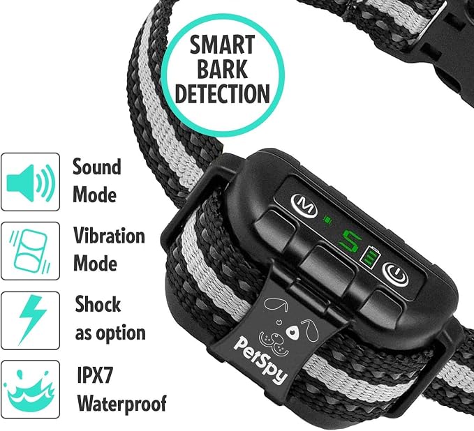 PetSpy Dog Bark Collar for No Barking Control Training w/3 Anti-Bark Modes Beep Vibration No Harm Shock IPx7 Waterproof for Small Medium Large Dogs
