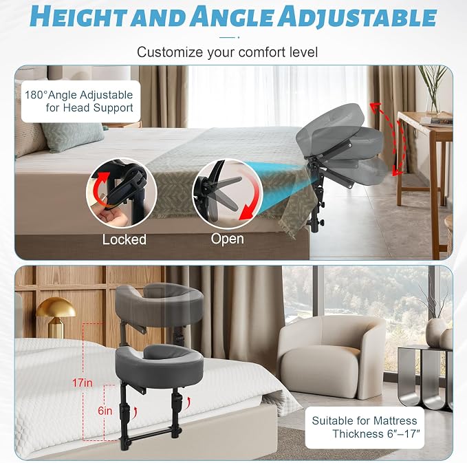 Massage Headrest for Bed, Adjustable Massage Face Cradle at Home, Portable Bed Massage Head Holder, Massage Table Head Rest for Salon Spa, Face Down Pillow After Eye Surgery, Dark Gray