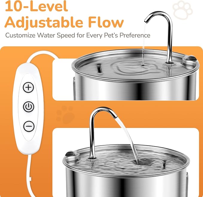 Stainless Steel Cat Water Fountain, 135oz/4L, Ultra-Quiet | Automatic Cat Dog Water Dispenser with Adjustable Pump, 3 Flow Modes, Large Capacity for Multiple Pets